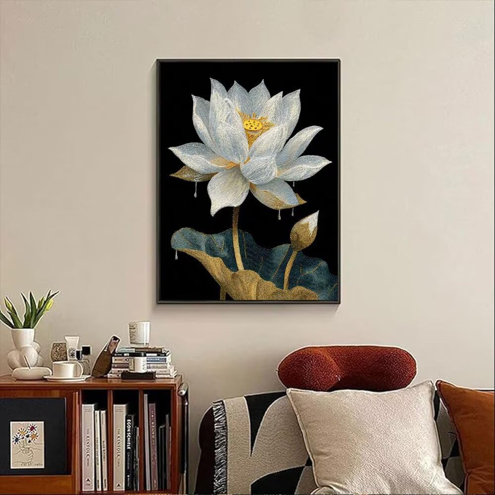 Biały Lotos Diamond Painting Zestawy Dorosłych, 5D Okrągłe Diamenty Malowanie Dzieci Malarstwo, Diamant Art Haft Cross Stitch Obrazy, Mozaika Sztuka Do Dekoracji Ściany Domu 100x130cm hJ8689