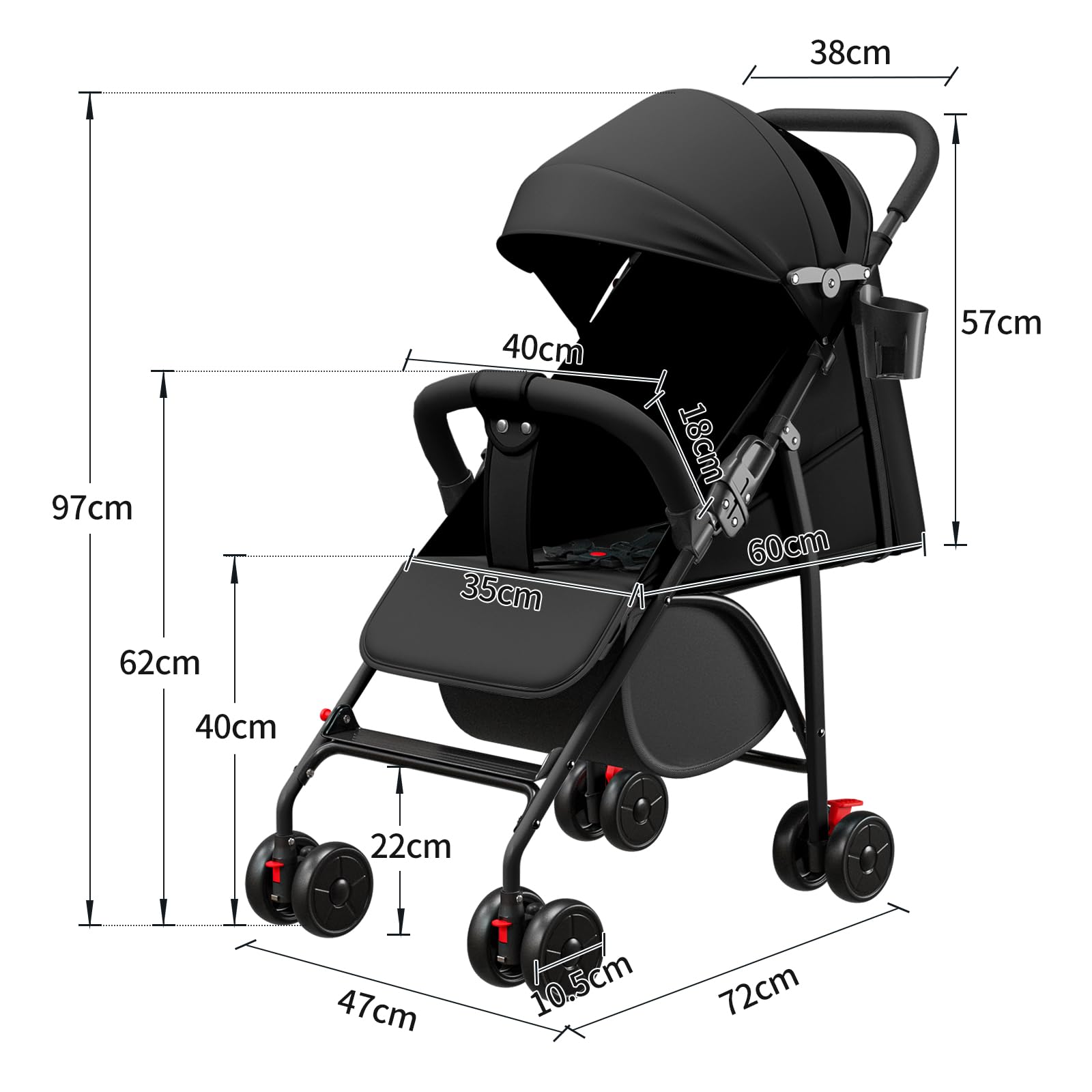 MUL-BOUTIQUE Compacte buggy voor baby's van 0 tot 4 jaar, maximaal 30 kg, licht (4,8 kg), buggy voor baby's, comfort, opvouwbaar, compact en kantelbaar, met katoen, bekerhouder, zonneklep (zwart
