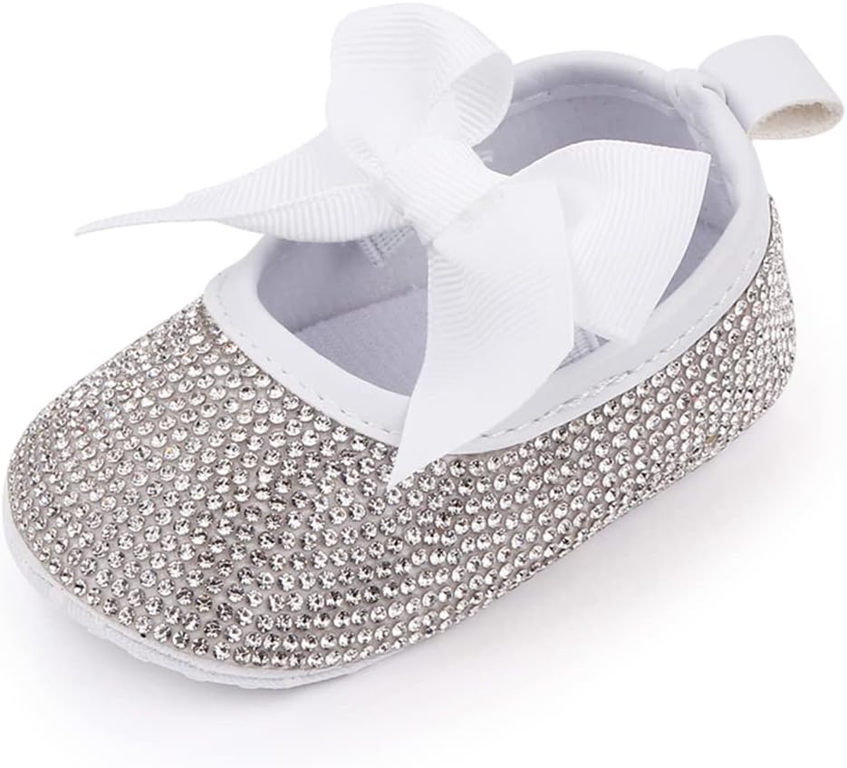 Baby Girls Mary Jane Flats Sparkly Bow Diamonds Princess Dress Shoes Anti-Slip Infant Crib Shoes