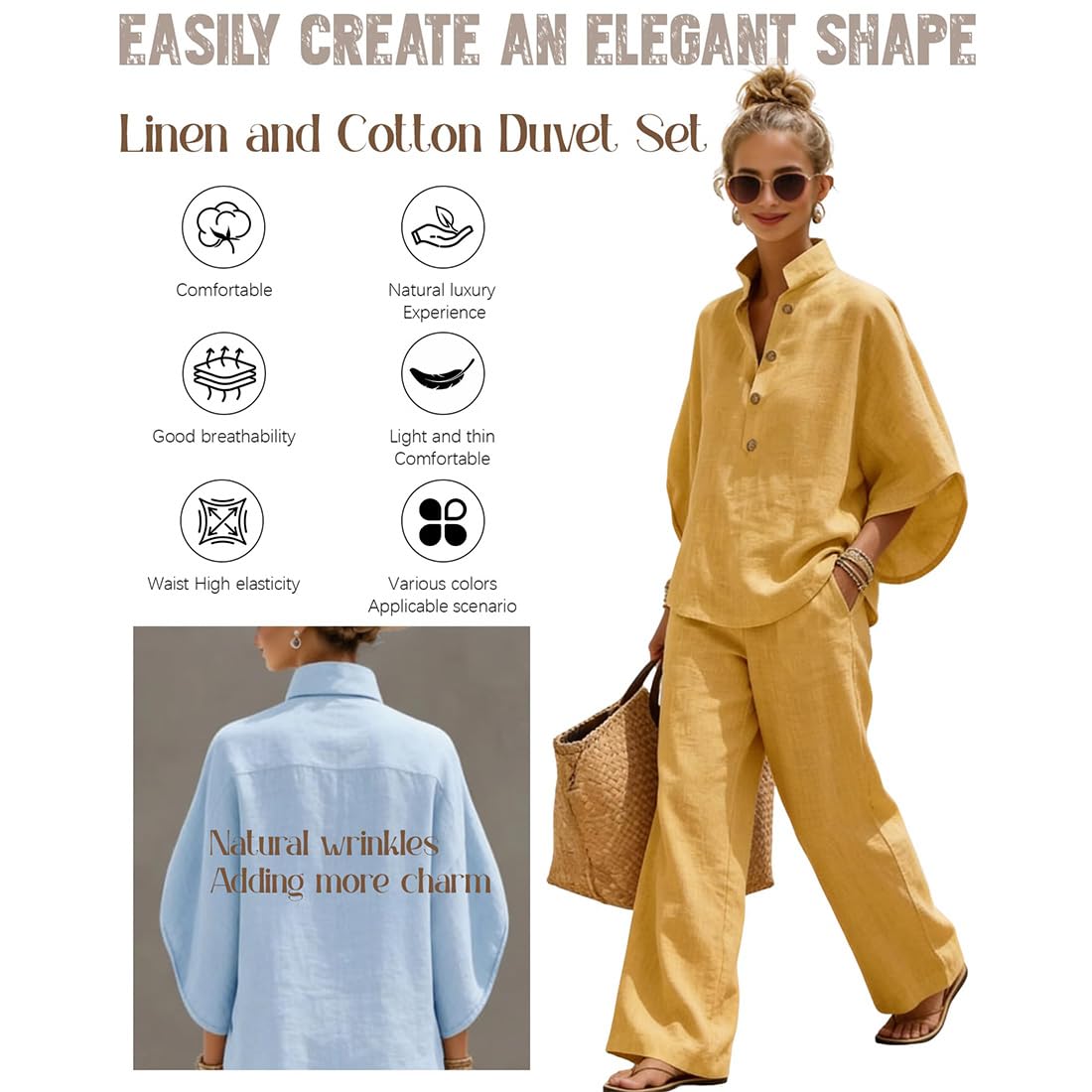 Set de Dos Piezas Verano Mujer Casual Conjunto de Vacaciones Lounge Set de Algodón Estilo Lino Ligero con Mangas Murciélago Cómodo