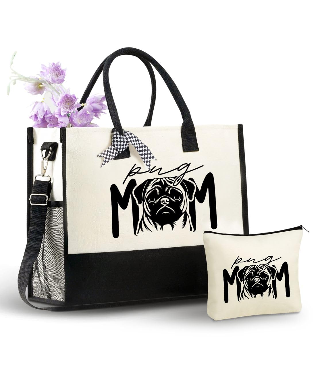 InnoBeta Pug Gifts for Women, Pug Tote Bag with Top Zipper Closure and Shoulder Strap for Birthday, Mother's Day, Christmas