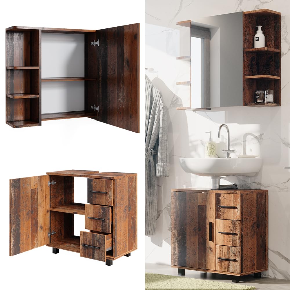 Vicco Set di mobili da bagno Ilias, Rovere rustico, 60 cm, composto da specchio da bagno e mobile sottolavabo