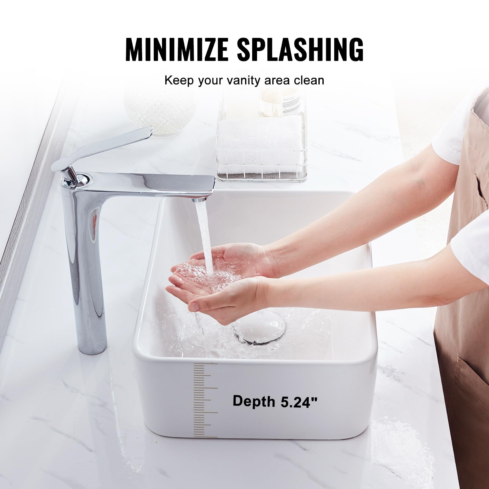 VEVOR Lavandino da Appoggio Rettangolare, 40 x 30 cm per il Bagno, Lavabo da Appoggio in Ceramica Bianca Sopra il Piano, Stile Moderno, Luminoso ed Elegante, per Bagno, Hotel, Toilette, Camper