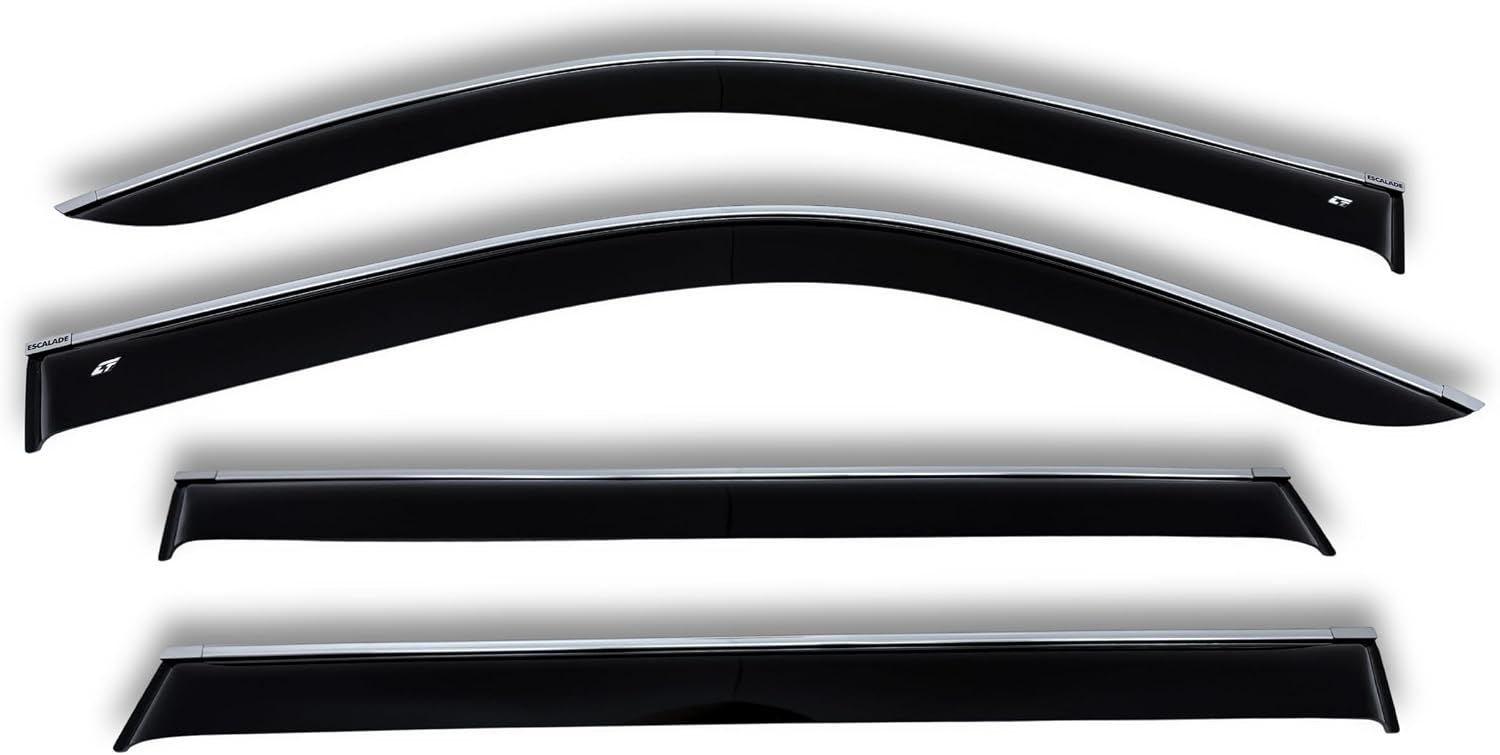 CT Rain Guards for Car Windows - Window Visors Rain Guards with Chrome Trim Strip, Tape-On Installation, Compatible with Escalade III 2007-2014, Dark Smoke, Full Size, 4 Pcs/Set