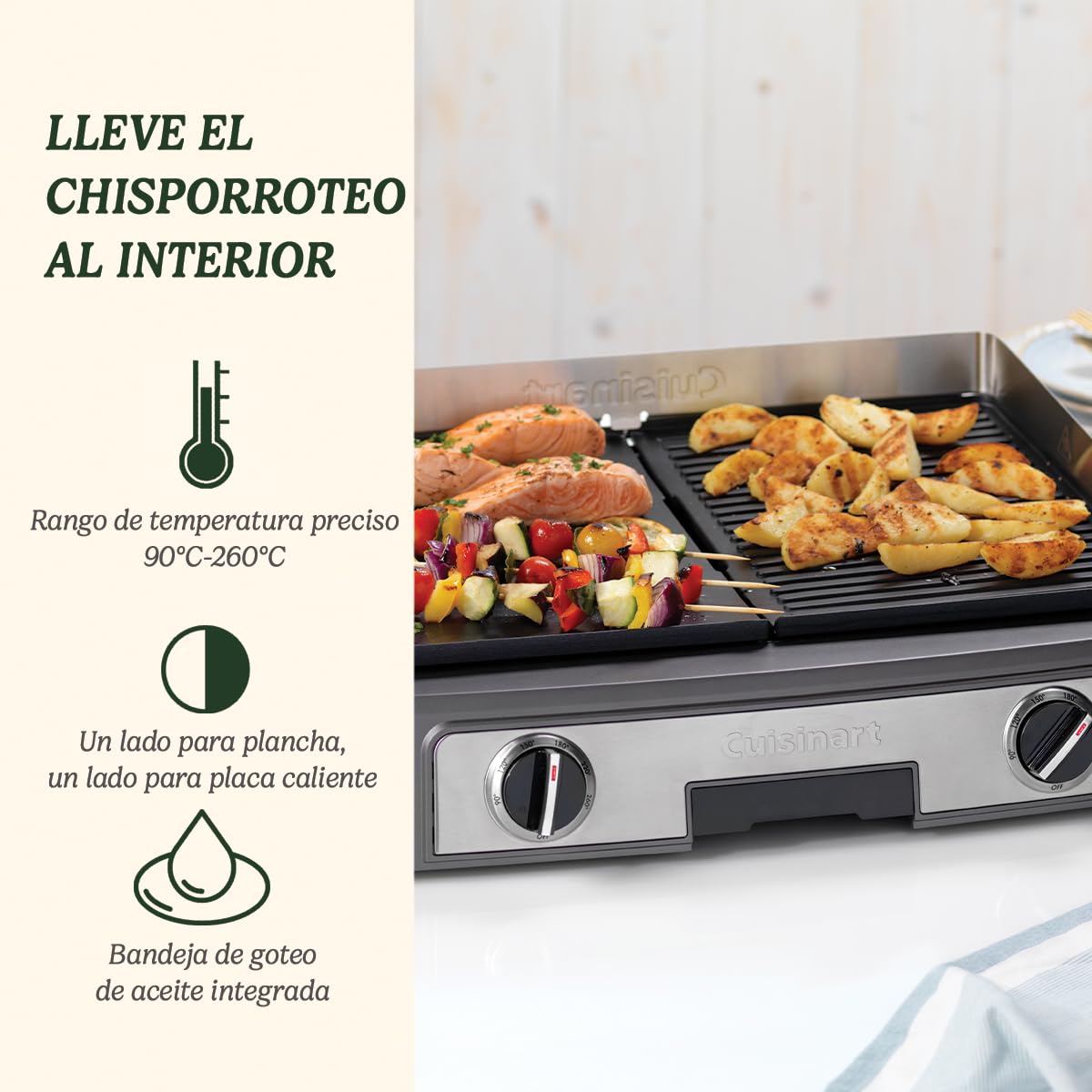 CUISINART PL50E Plancha BBQ Elite, Grill eléctrico, plancha de asar, 2 controles de temperatura independientes de 90° C - 260° C, placa antiadherente, apto lavavajillas, bandeja recoge grasa, 2200 W, Negro/ Acero inoxidable