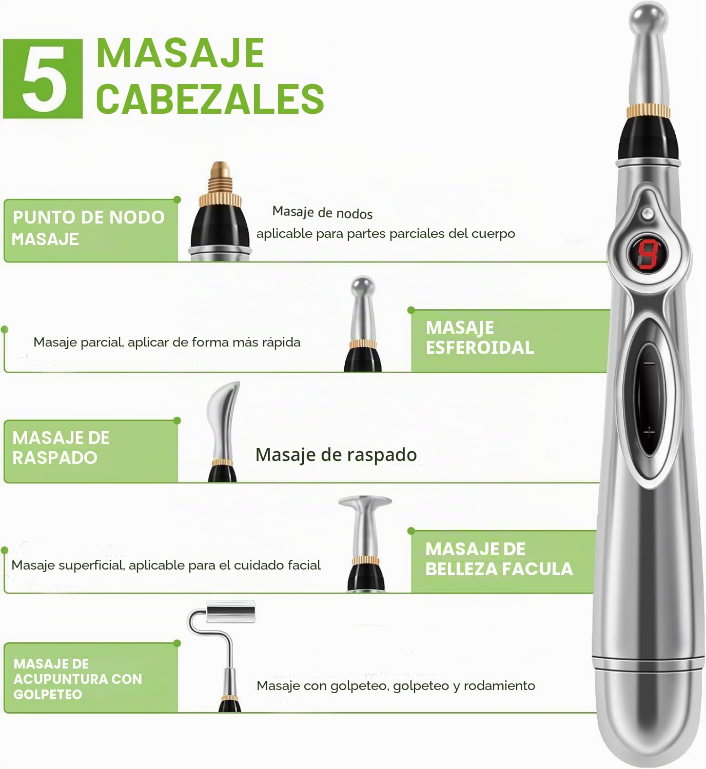 Bolígrafo masajeador electrónico MQUPIN, 5 en 1 con cabezales de masaje reemplazables, bolígrafo de masaje y relajación portátil para relajación muscular