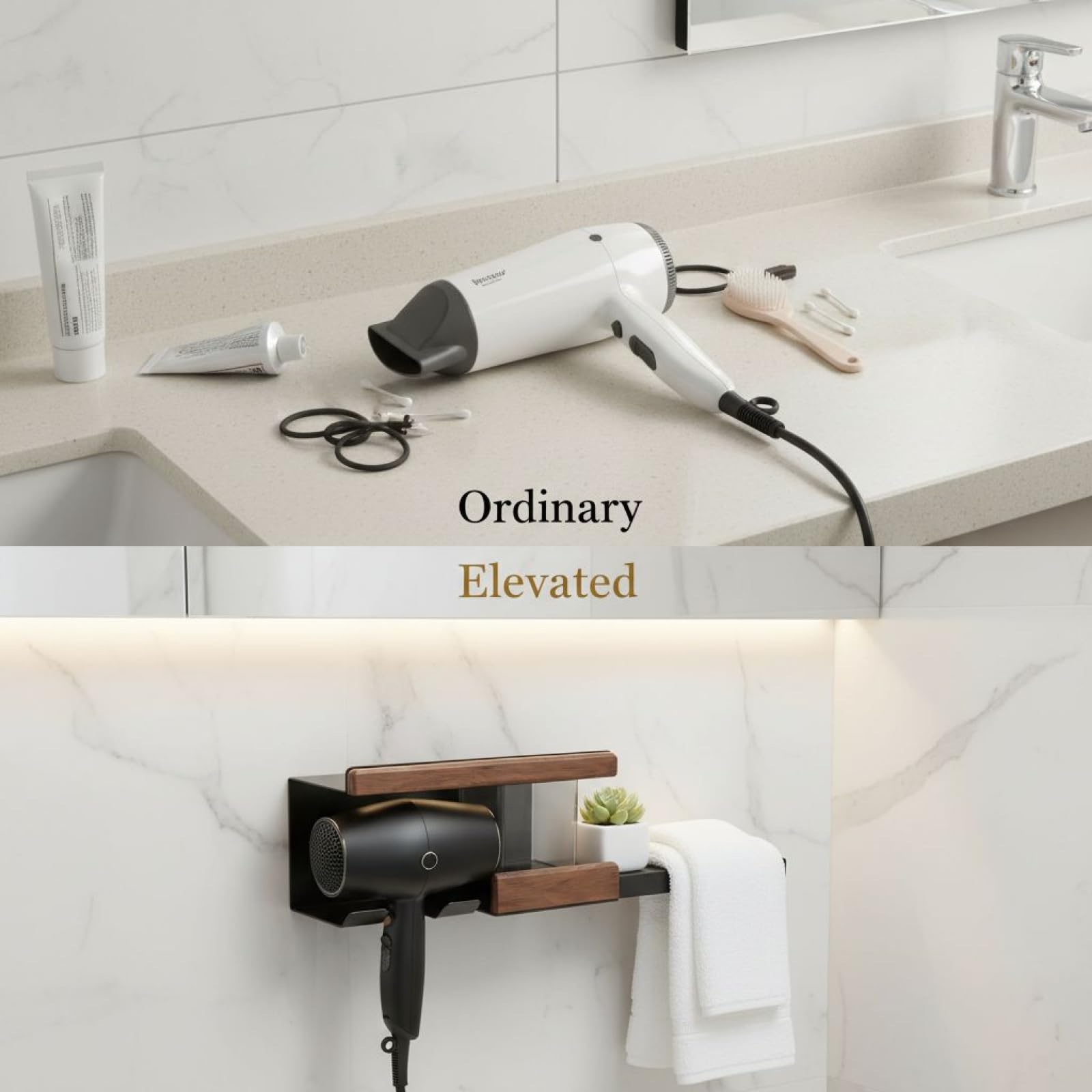Haartrocknerhalter zur Wandmontage und walnussgraues Regal, ohne Bohren für Badezimmer, platzsparender Organizer