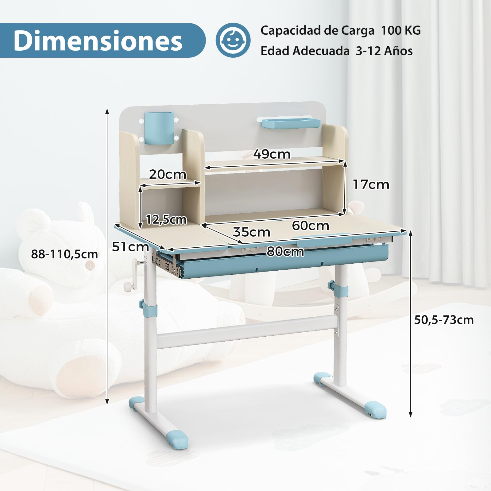 GOPLUS Escritorio de Estudio Infantil Multifuncional con Escritorio Inclinable, Mesa de Estudio para Niños Altura Ajustable, Cajón Extraíble, Soporte para Libros, para Niños de 3-12 Años (Azul)