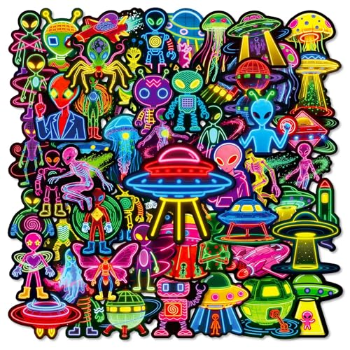 Neon Aliens Aufkleber für Laptop(50PCS),Geschenk für Jugendliche Erwachsene,Neon Alien ästhetisch Wasserdicht Vinyl Stickers für Auto,Motorräder Fahrrad Gepäck Scrapbook,Skateboard Gitarre