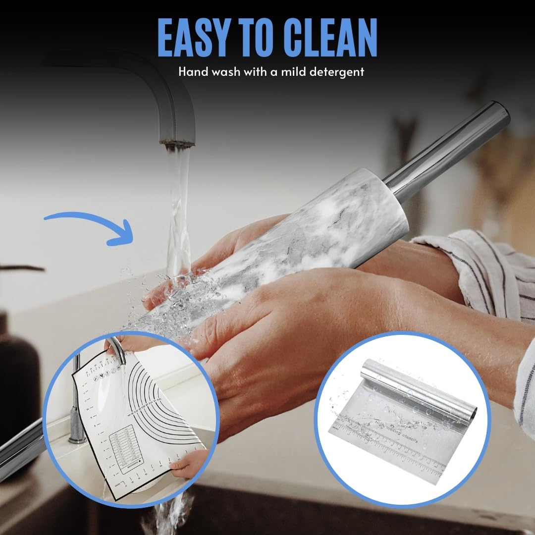 Keyana Rodillo de mármol con asas de acero inoxidable, tapete de silicona, rascador de masa y cuna de madera, regalo ideal para panaderos y entusiastas de la cocina casera