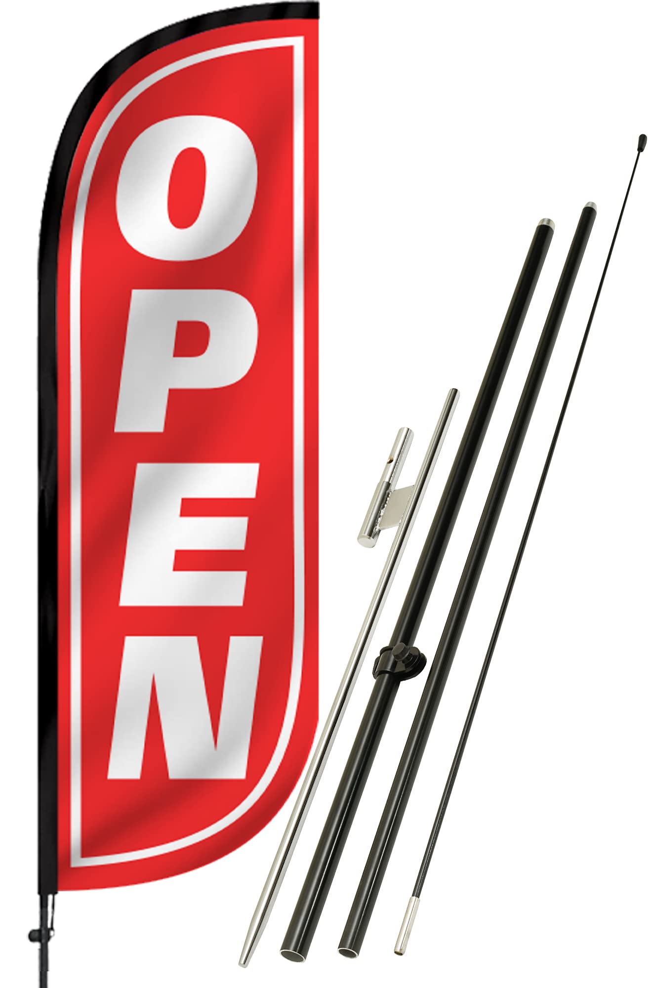 LookOurWay Open Themed 5-Feet Tall Feather Flag Banner for Business Advertisement, Complete Set with 5-Piece Aluminum Fiberglass Pole Set and Ground Spike