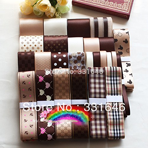 Generic 26 YDS Handmade diy adult hair accessory ribbon set champagne chocolate coffee satin/grosgrain printed ribbon set