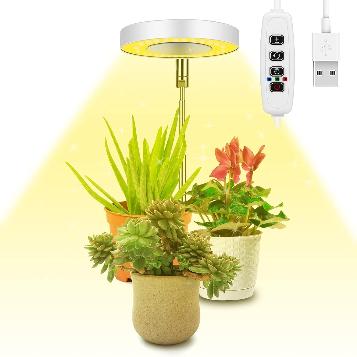 Grow Light, 48 LEDs Full Spectrum Growing Lamp for Indoor Plants, 9 Adjustable Brightness 180° Rotatable Light Panel, Height Adjustable with Auto On/Off Timer 3/9/12H, for Small Plant (Warm White)