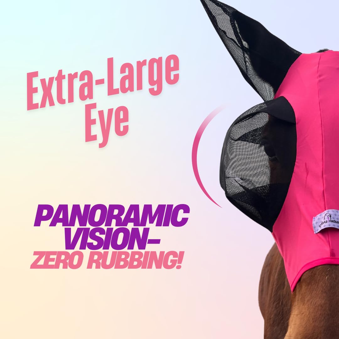 Dehnbare Pferdefliegenmaske mit extra großer Augen- und Mähnenöffnung - weiche, atmungsaktive Fliegenmaske für Pferde, verwicklungsfreies Design, verbesserte Sichtbarkeit (Fuchsia, Cob
