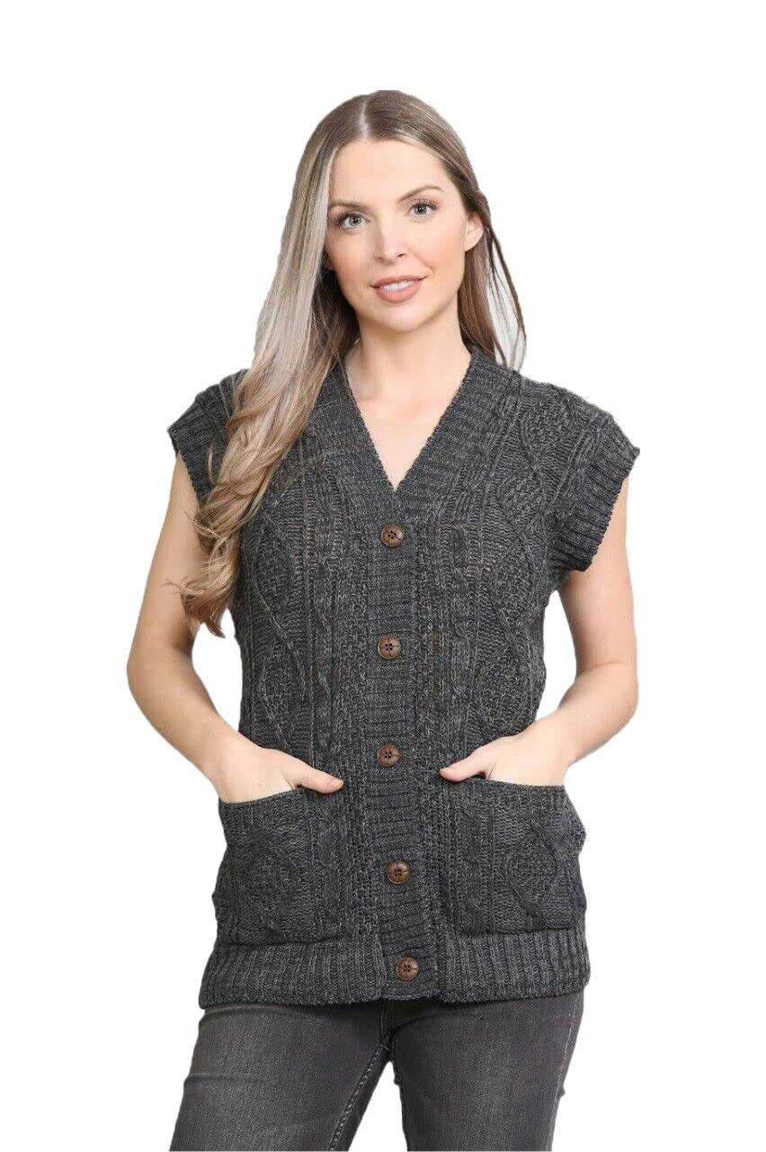 Wearall Women's Charcoal Sleeveless Cable Knitted Grandad Cardigan 5 Button Casual Winter Sweater Waistcoat Top Plus 20-22