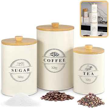 Kito LIVING Canisters Sets for Kitchen Counter Storage and Organization with Wooden Bamboo Lids, Food Pantry Containers, Stackable Steel Storage Bins, Airtight Sugar Tea Coffee Canisters - Cream