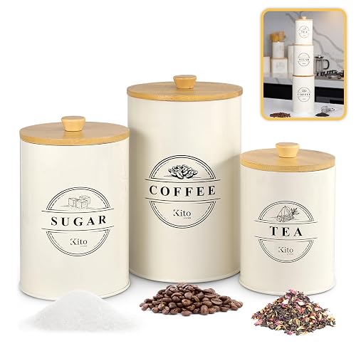 Kito LIVING Canisters Sets for Kitchen Counter Storage and Organization with Wooden Bamboo Lids, Food Pantry Containers, Stackable Steel Storage Bins, Airtight Sugar Tea Coffee Canisters - Cream - Cream - Coffee, Sugar, Tea