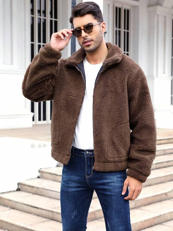 Image of BE SAVAGE Solid Sherpa Oversized Jacket Woolen Long Sleeves Zipper Hoodie For Men's
