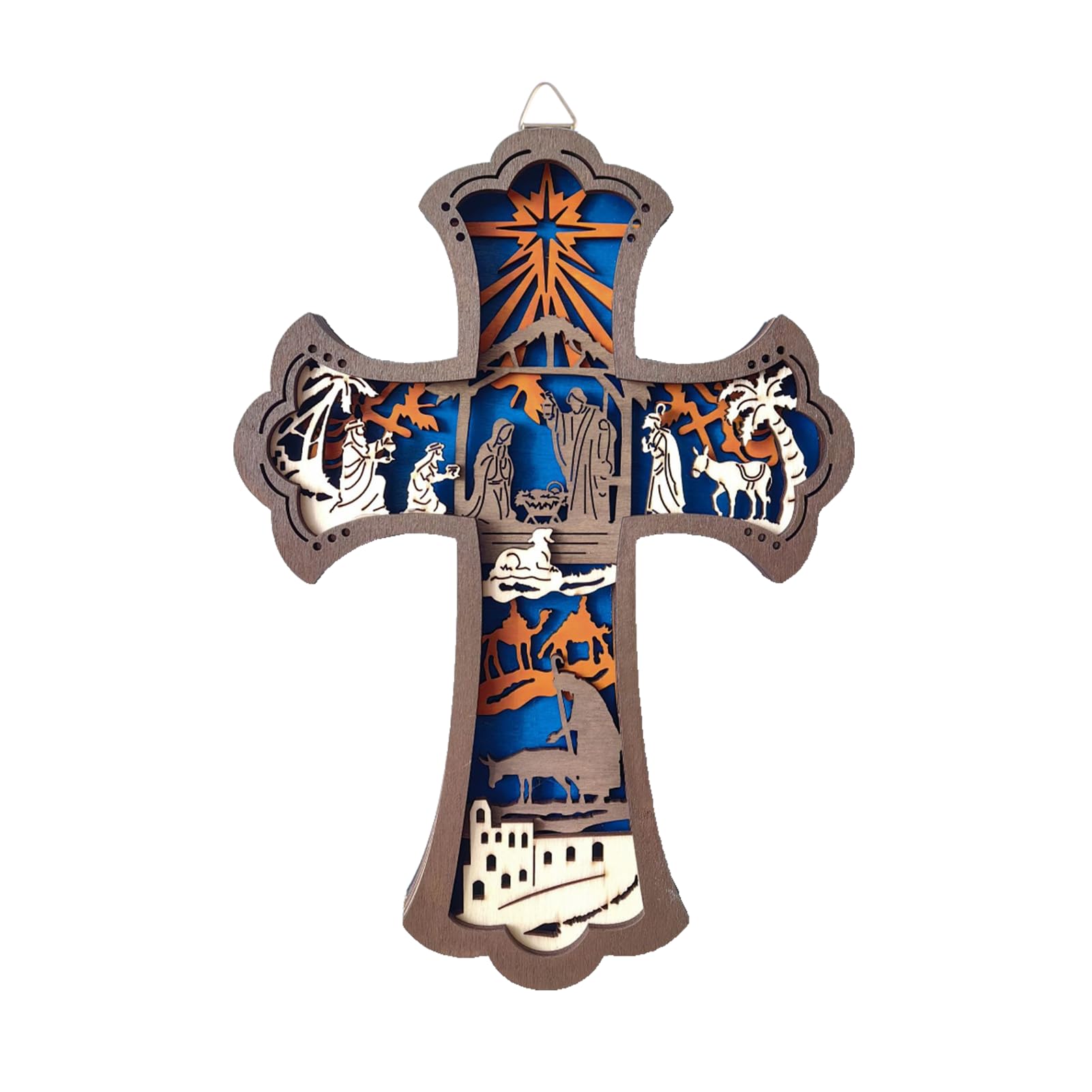 KOMI Wooden Nativity Cross for Wall, 9 Inch Wood Carved Manger Scene Wall Cross Hanging Decor Catholic Religious Wall Art Perfect for Office Living