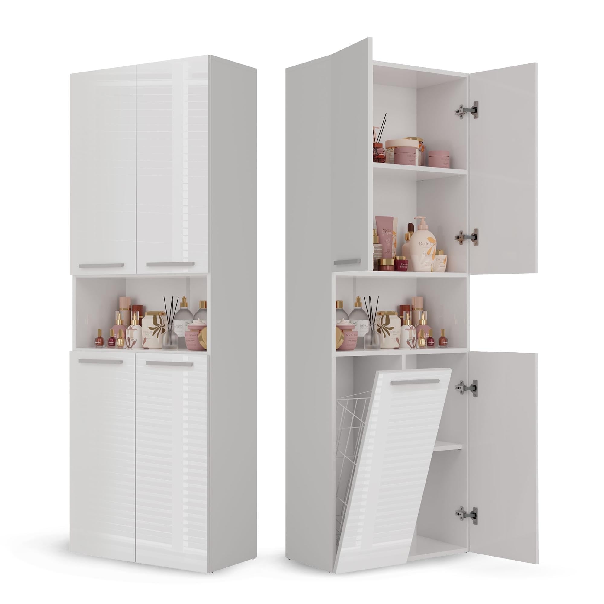 CDF Armario de Baño con 1 Cesto Ropa Sucia, Armario Alto, Bolsa de Ropa Extraíble con Asas Compartimento con Puerta 30 x 60 x 174 cm Bianco Brillo Montaje Sencillo
