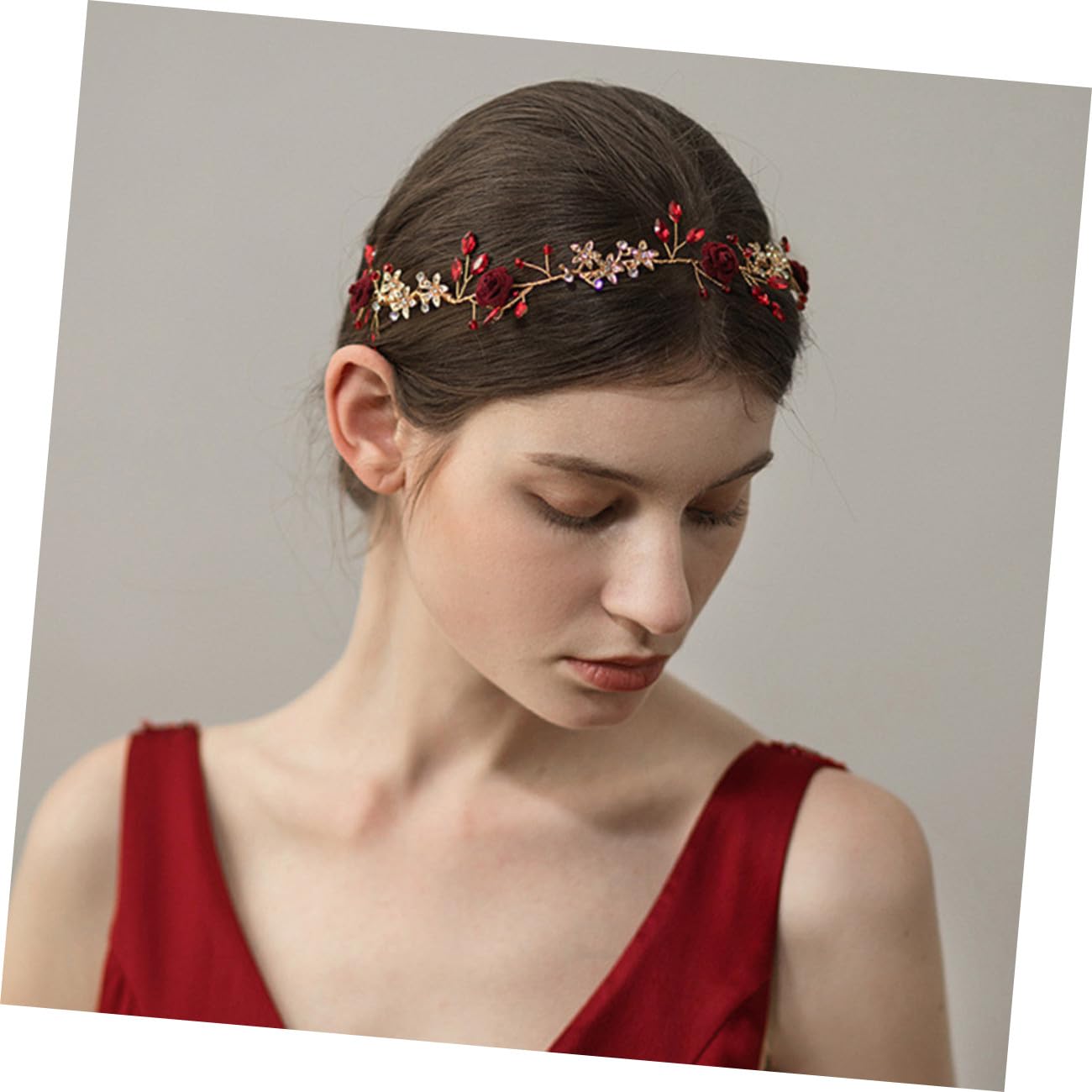 WOONEKY 1pieza Tocado Floral Delicado Para Novia Piedras Rojas Accesorio De Boda Para Fotografía De Fiesta y Estilo Chino