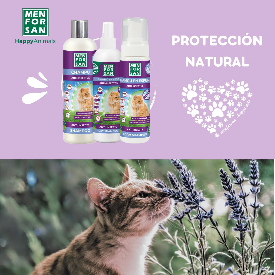 MENFORSAN Shampooing Moussant Anti-Puces pour Chats 200ml, avec Margosa, Geraniol et Lavandin, Élimine Tous Les Types d'insectes
