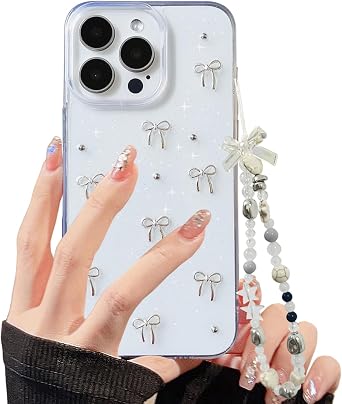 Phone Case for iPhone 12/12 Pro Clear Glitter Case with Cute Bow Knot Aesthetic Girly with Phone Charms Chain Bracelet Soft Protective Cover for iPhone 12/12 Pro-Transparent
