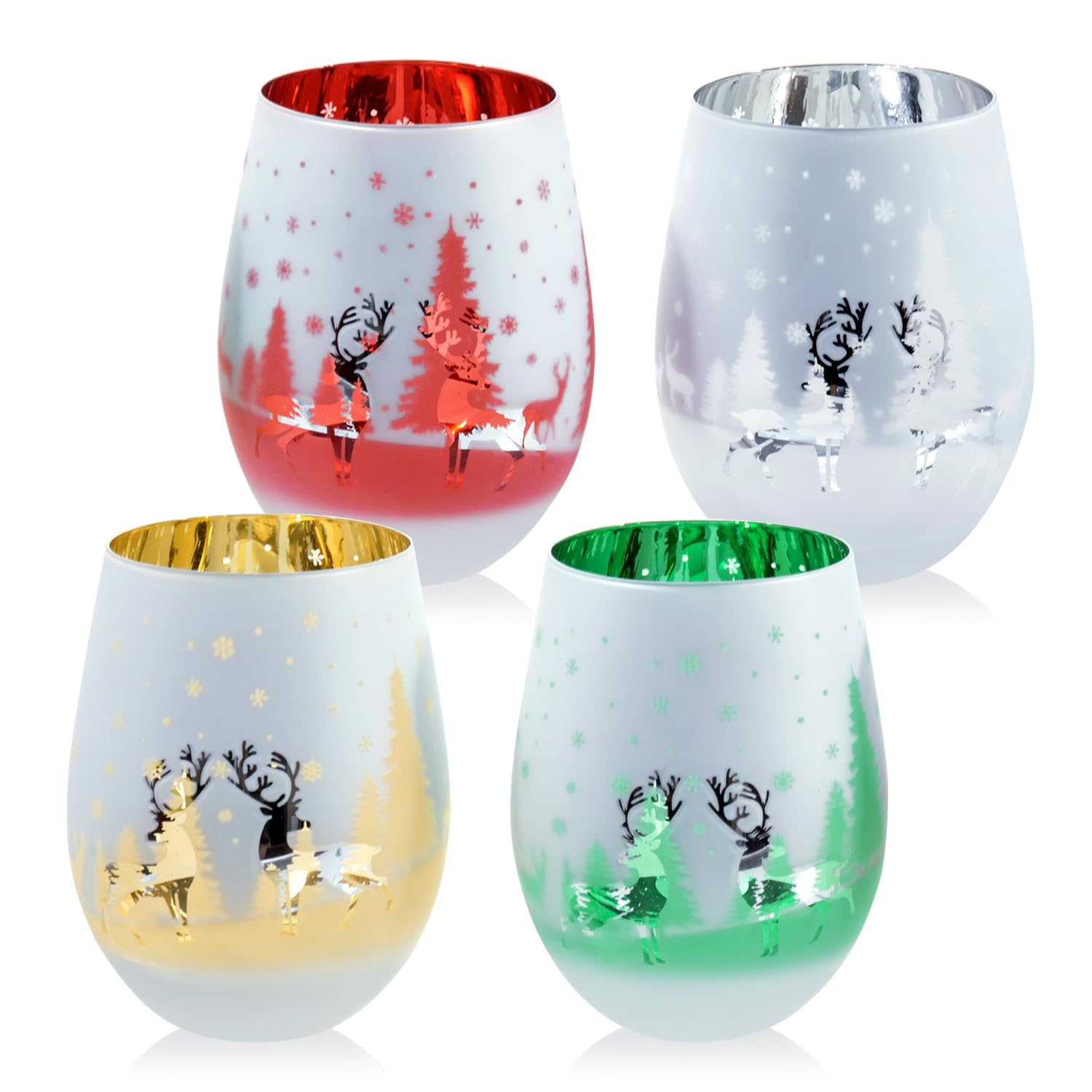 MyGift 14 oz Christmas Stemless Holiday Wine Glasses with Frosted Winter Scene, Festive Glass Drinkware Cups for Xmas Party, Red Green Gold Silver, Set of 4