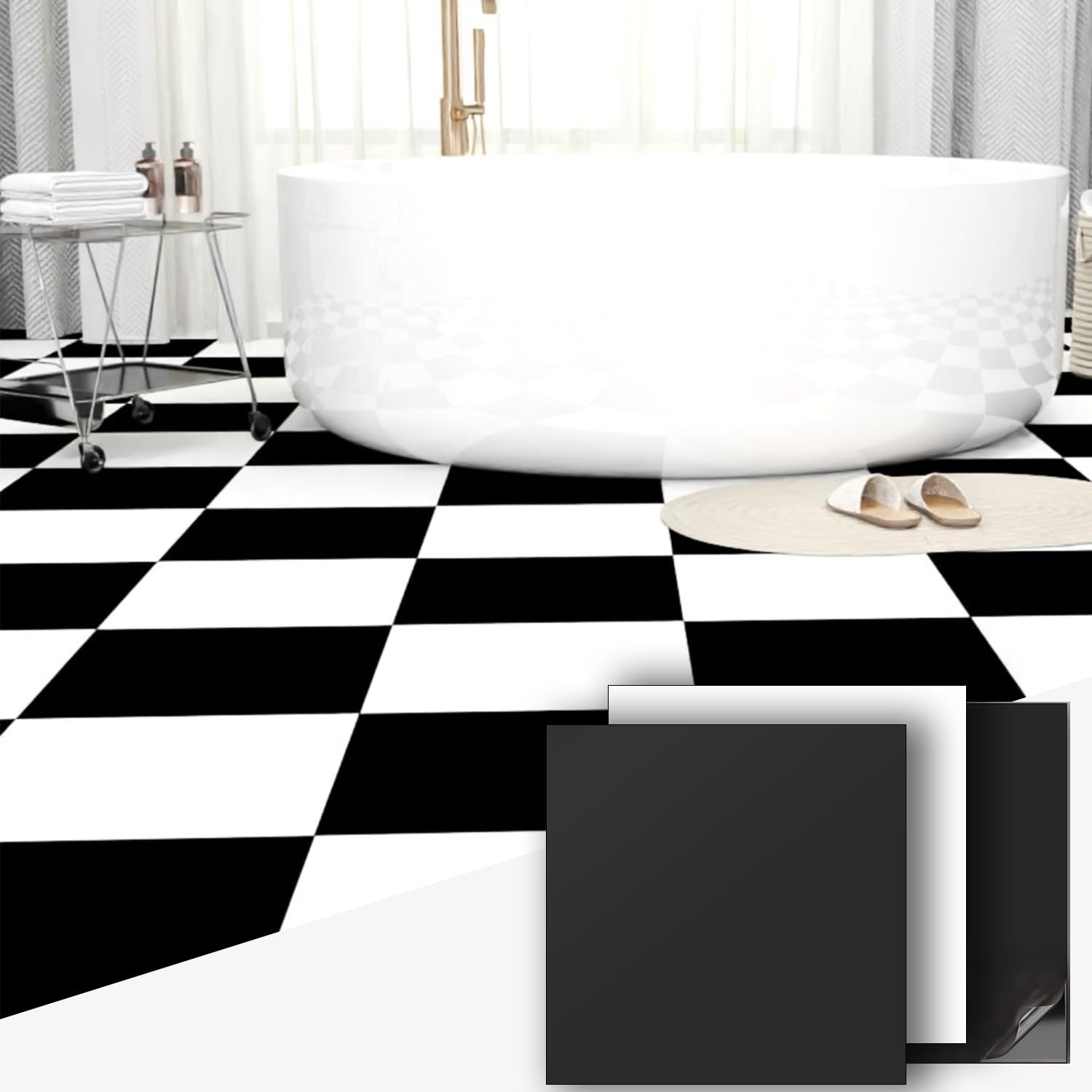 Confezione da 40 piastrelle adesive in vinile opaco per pavimenti, 30,5 x 30,5 cm, per affittuari, cucina, bagno, lavanderia, marmo bianco e nero