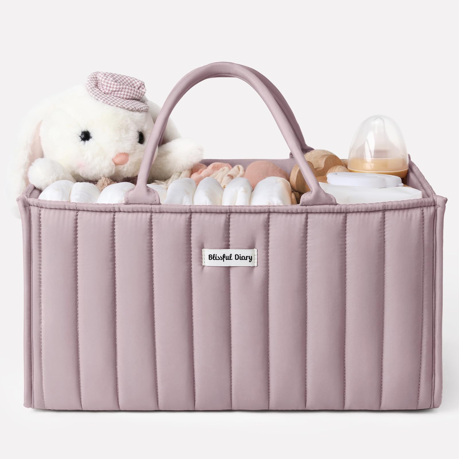 Blissful DiaryMauve Pink Modern Stylish Baby Diaper Caddy Organizer, Nursery Storage Basket, Car Travel, 3 Compartments, Rectangular, Plastic, Tabletop Mount