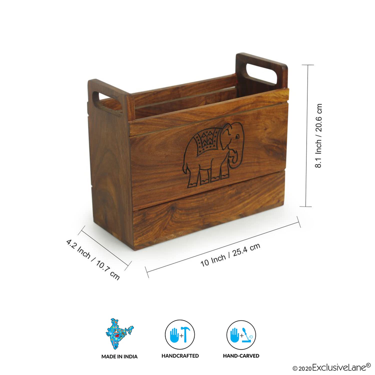 ExclusiveLane 'The Elephant' Hand Carved Table Magazine Stand For Office Desk In Sheesham Wood - Magazine Holder For Living Room Study Table Wooden Newspaper Stand, 25.4X10.7X20.6 Cm 3