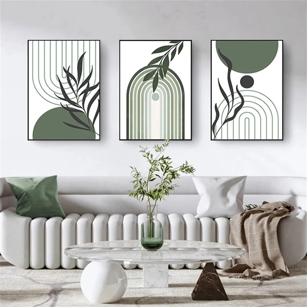 Botanical Posters-Abstract Green Sage Green Plant Canvas Painting Nordic Geometric Lines Leaves Poster Print Picture Modern Wall Art Living Room Home Decor-60 * 70cm*3PCS (No Frame)