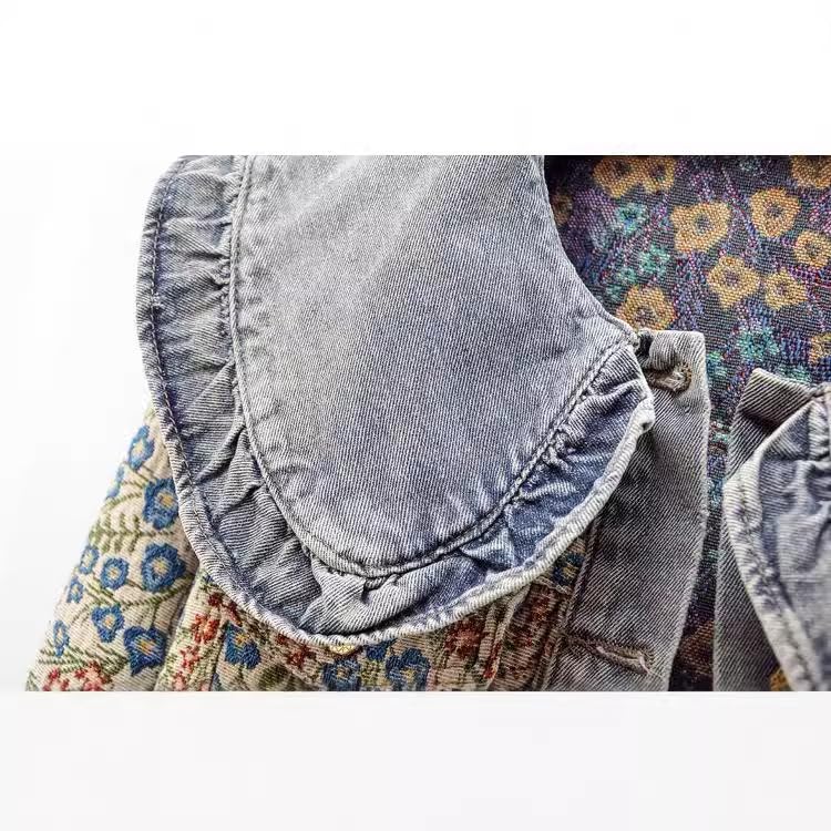 Xaspee Womens Peter Pan Collar Cropped Jean Jacket Embroidered Jacquard Long Sleeve Casual Floral Denim Jackets Coat3