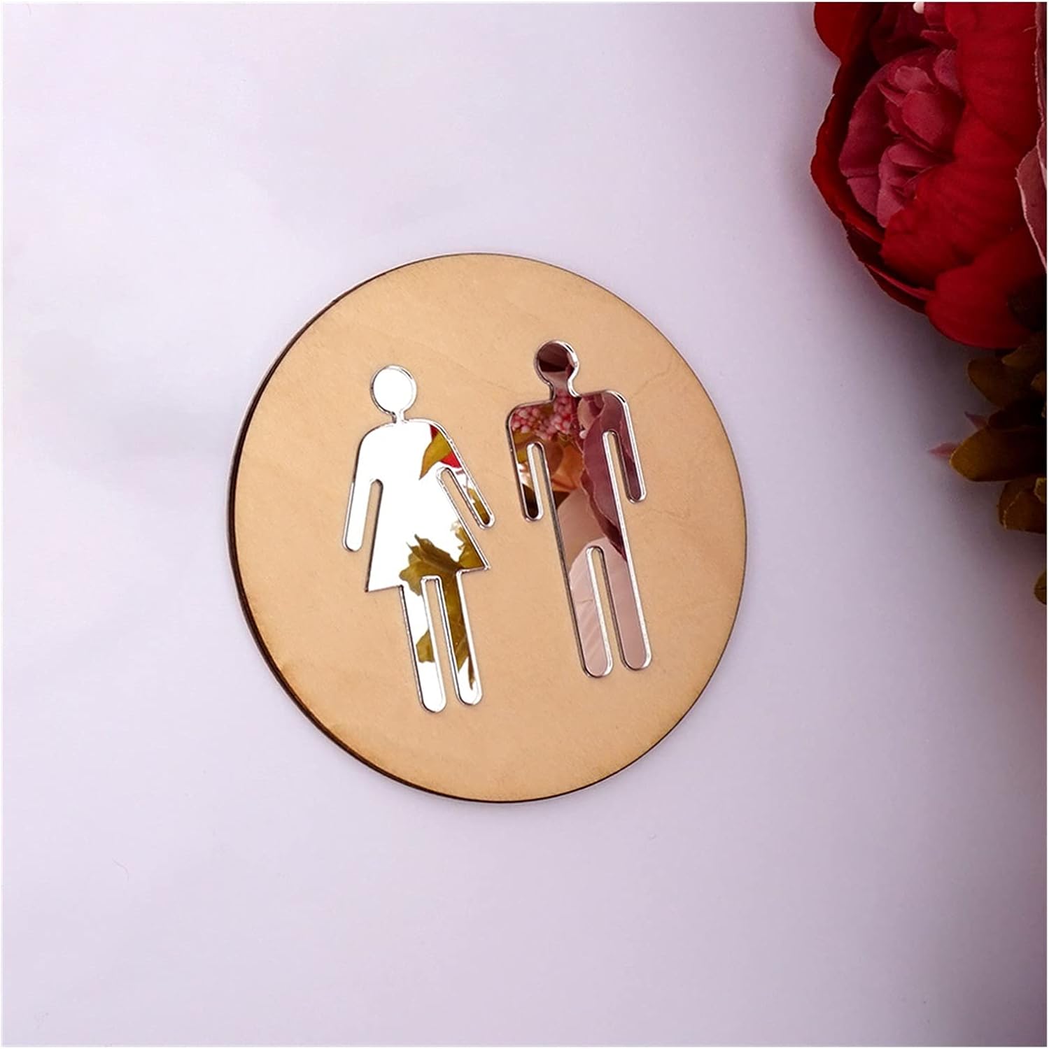 Toilet Sign 5mm Round Toilet Door Panel Men Women Wood Bathroom Toilet Acrylic 3D Mirror Surface Wall Sticker (Silver Mirror Wood 15x15cm)