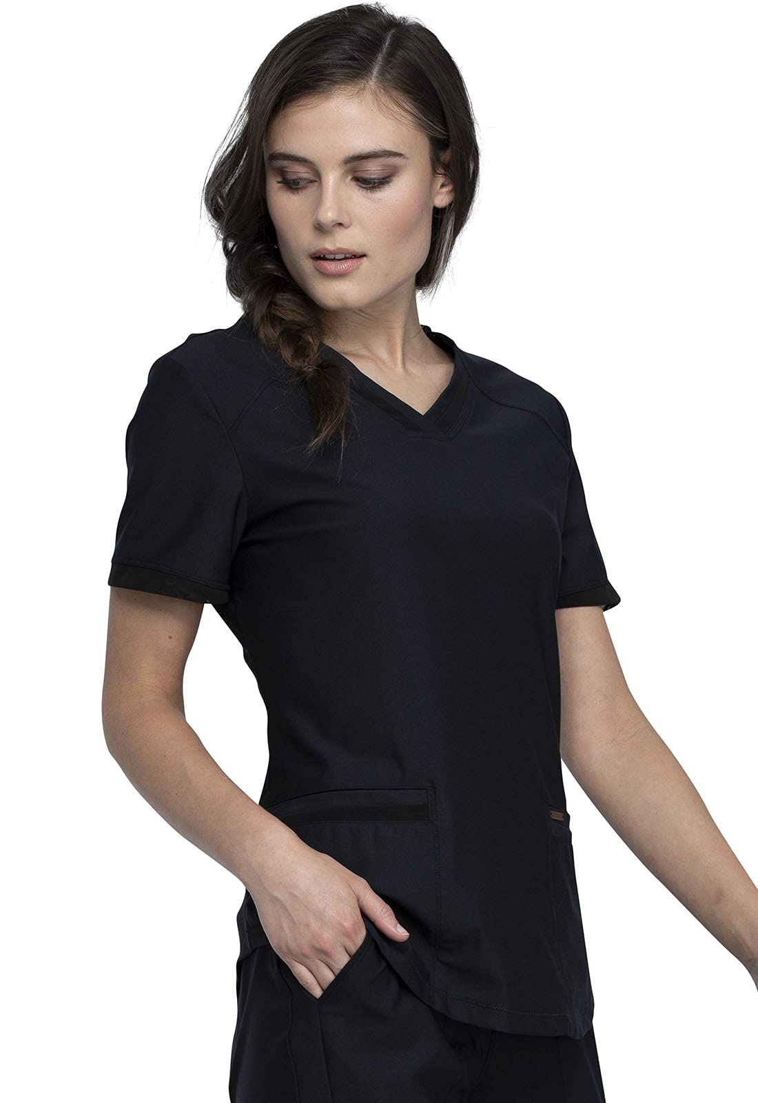 Cherokee CK840 - Conjunto de ropa quirúrgica para mujer, 7 bolsillos, cuello en V, dobladillo curvado CK840 y pantalón de pierna cónica de tiro medio con cordón CK095, color negro, 2XL y pantalón