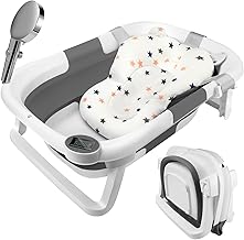 Grand Baignoire Pliable Bébé avec Thermomètre à eau, Rince Tete Bebe pour bébé convient aux nouveau-nés aux tout-petits dispose d'un tapis antidérapant et de trous de drainage thermomètre (Grey)