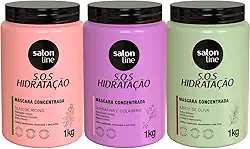 Salon Line Kit SOS Hidratação, 3 Máscaras Capilares Concentradas 1kg, Queratina e Colágeno, Óleo de Rícino, Azeite de Oliva, Para Cronograma Capilar