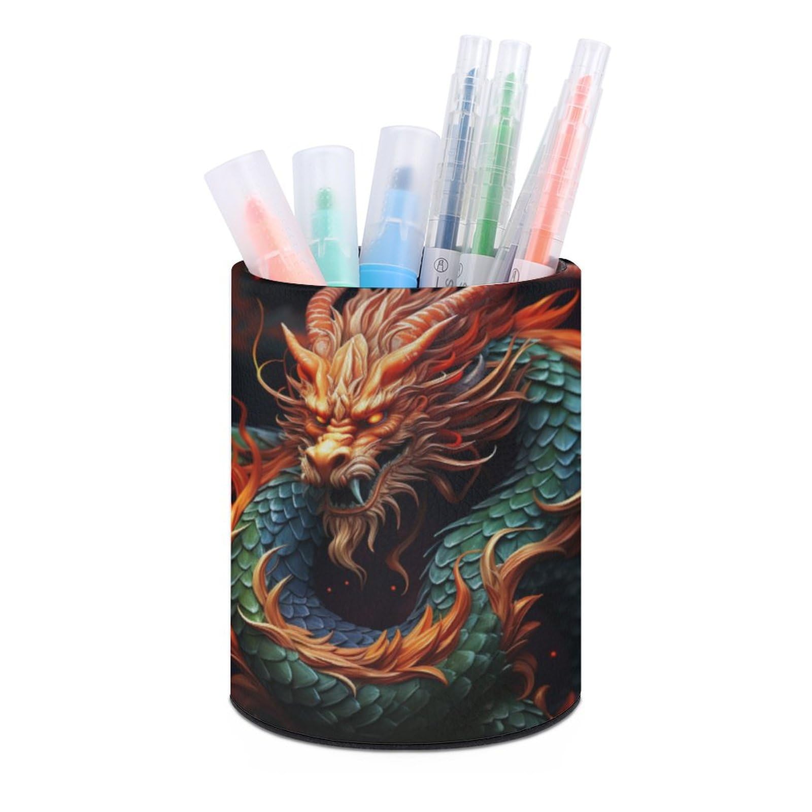 JTREHY Round Pen Holder,Chinese Dragon Printed Makeup Brush Storage Box Desktop Stationery Storage Cup Office Accessories Storage Box Pencil Storage Box for Home Office Dressing Table