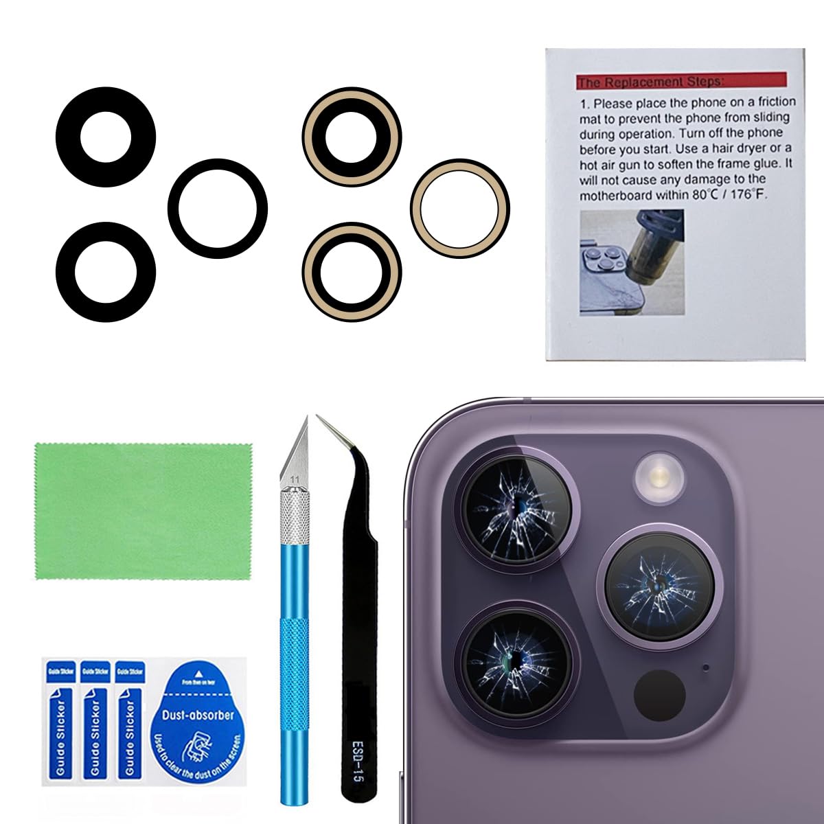 OEM Back Rear Camera Lens Glass Replacement for iPhone 14 Pro and iPhone 14 Pro Max with pre-Installed Adhesive and Reparing Toolkit