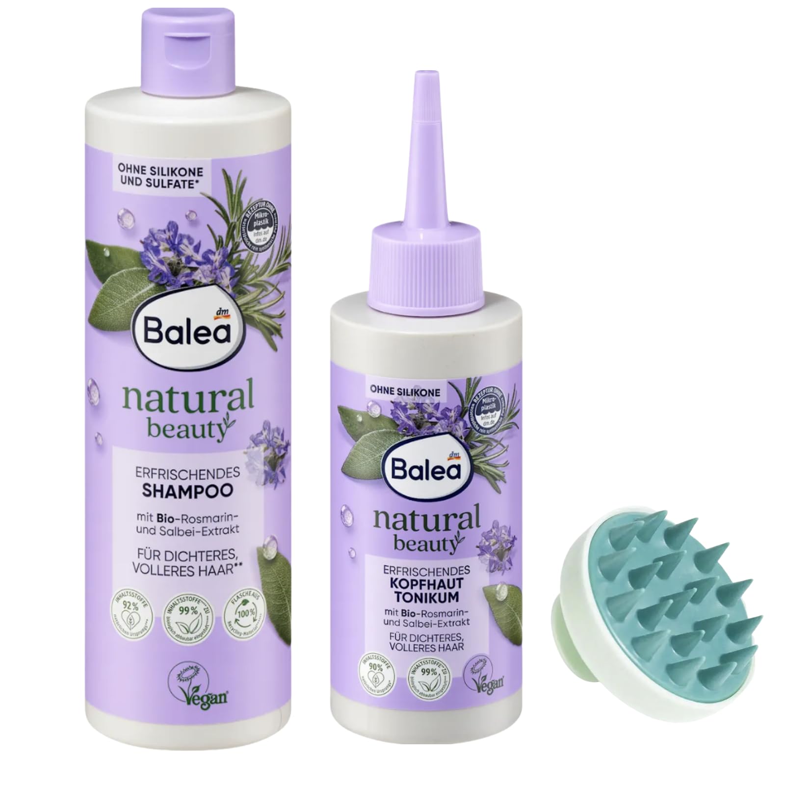 Balea Natural Beauty Refreshing Herbal Shampoo 400 ml + Scalp Tonic Natural Beauty 150 ml + Scalp Massage Brush Set of 2