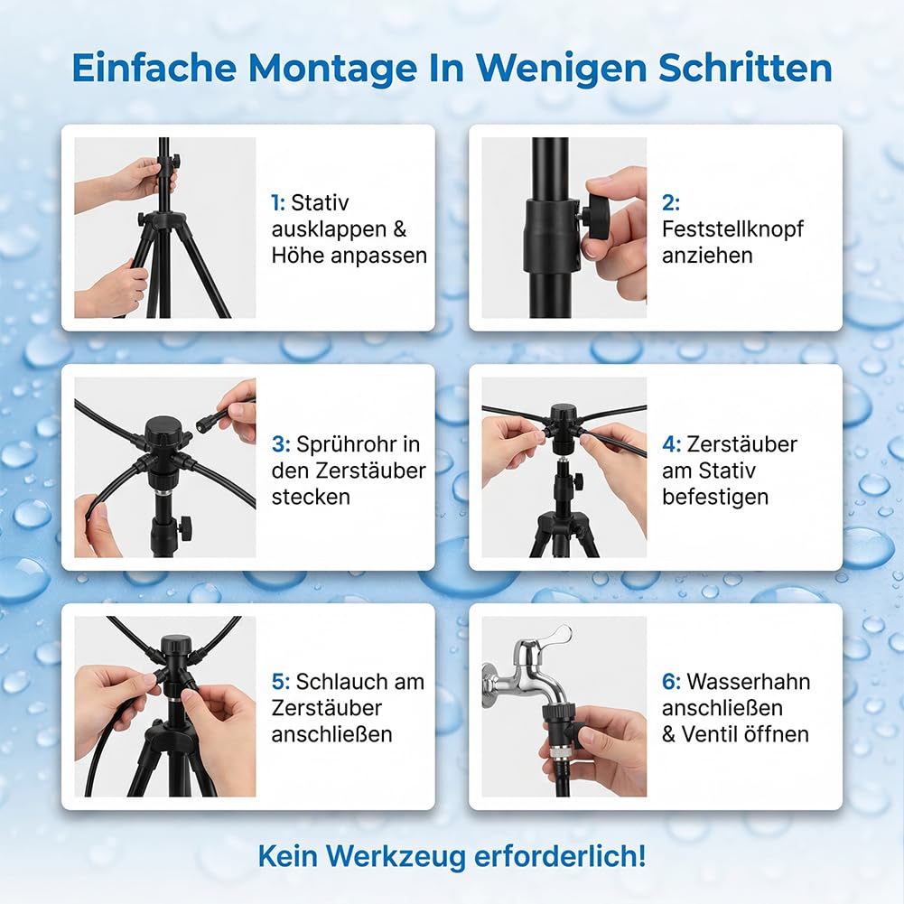 Wassernebel Kühlung Terrasse - Höhenverstellbarer Sprühnebel Terrasse mit 8m Schlauch & Messingnebeldüsen - Tragbarer Wasserzerstäuber für Garten, Balkon & Outdoor Abkühlung (1Pc)