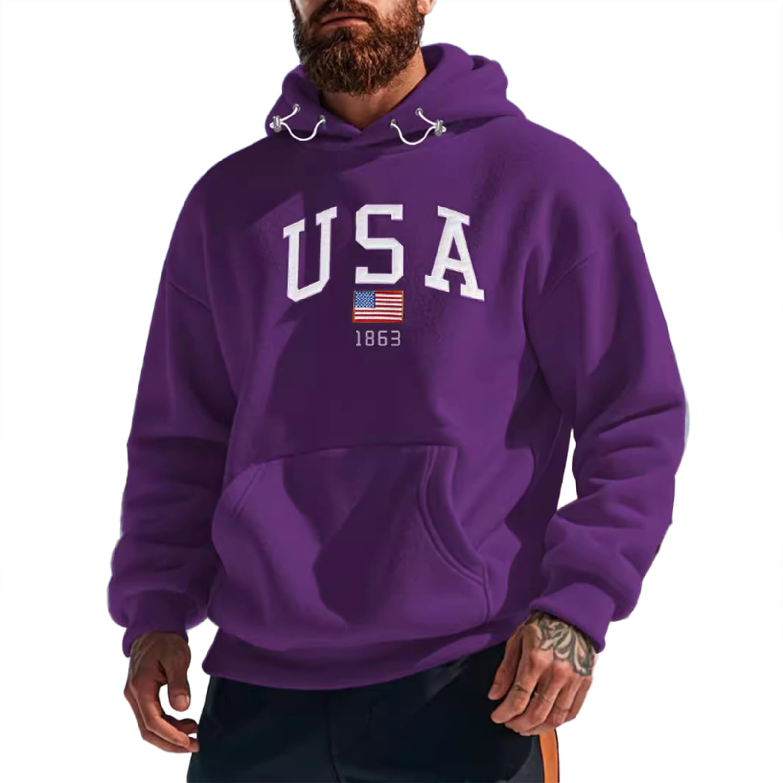 Mens Warm Thick Heavyweight Winter Sweatshirt Loose Fit American Flag Print Pullover Long Sleeve Hoodie