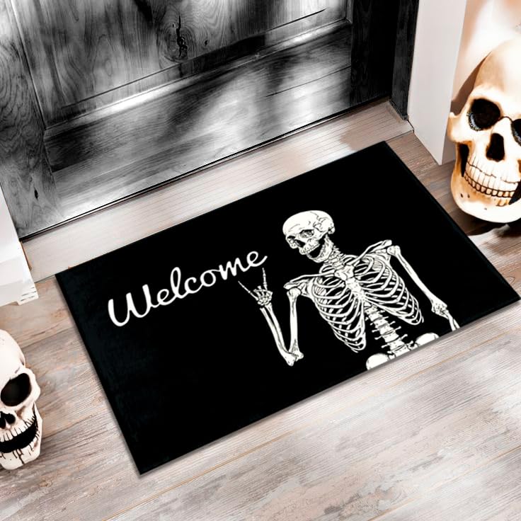 PAAORO Skull Doormat Funny Halloween Skull Welcome Door Mat,Living Room Kitchen Floor Mat Home Halloween Indoor Outdoor Decoration 17 x29 Inch