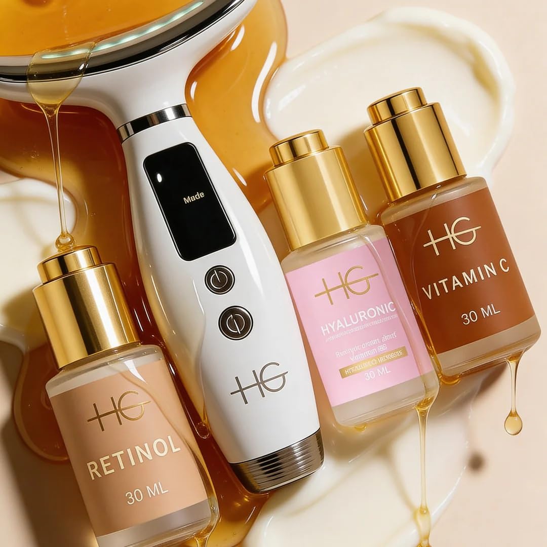 Zestaw do pielęgnacji skóry, serum z kwasem hialuronowym 30 ml, serum retinolowe 30 ml, witamina C rozjaśniające serum 30 ml i urządzenie kosmetyczne do szyi, nawilżające
