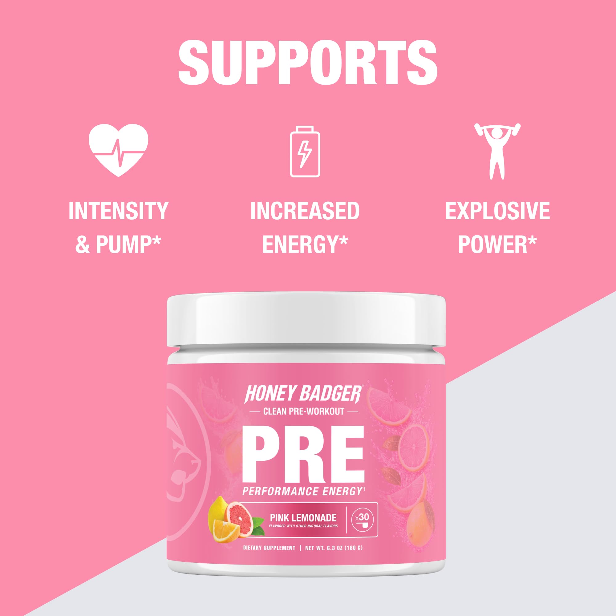 Honey Badger Pre Workout Powder, Keto Vegan Preworkout for Men & Women, Beta Alanine & Caffeine, Sugar Free Natural Energy Supplement, Pink Lemonade, 30 Servings — Amazon image 3