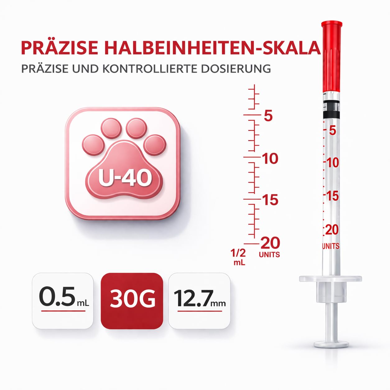 100 Stück 0,5 ml U40 Präzisions-Dosiertubes 30G x 1/2" (0,3 x 12,7 mm), einzeln verpackt für Tierpflege und Laboranwendungen