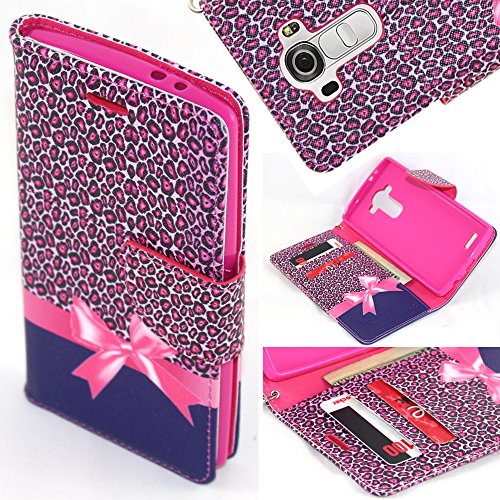 LG G4 Case, LG G4 Wallet Case, SOGA PU Leather Magnetic Flip Design Wallet Case for LG G4 H815, F500L 2015 (Verizon, AT&T, Sprint, T-Mobile) - Pink Leopard Ribbon Gift [SWE551]