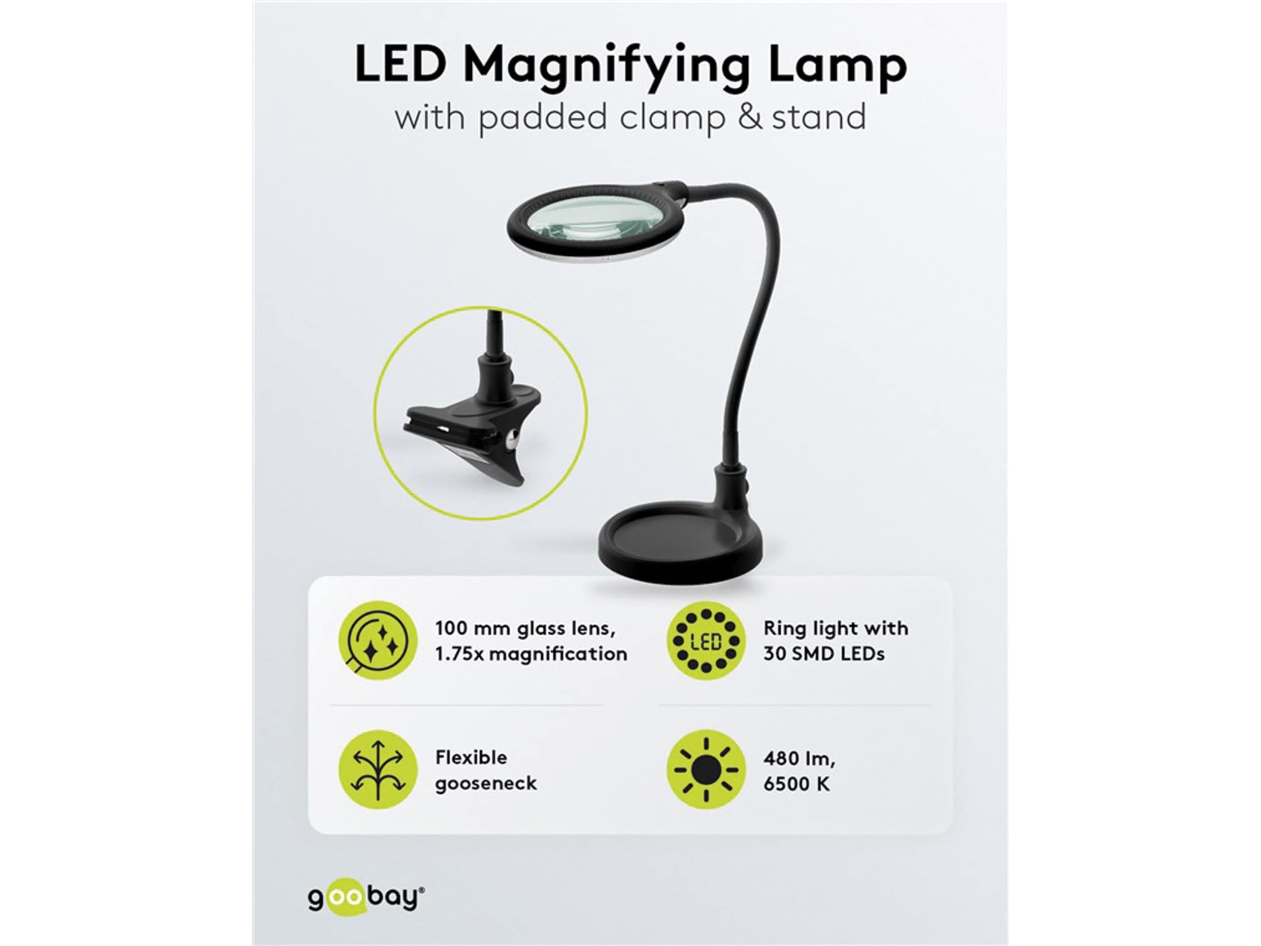 goobay 64990 LED Lupenleuchte - Lupenlampe mit Standfuß - Standlupe Licht - 6 W Leistungsaufnahme - Farbtemperatur 6200 K – Lichtstrom 480 lm, Schwarz