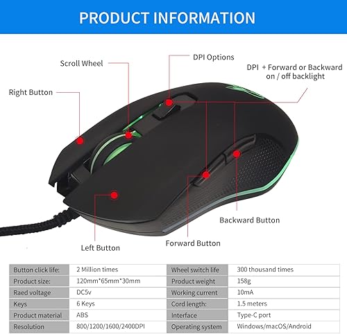 Miniatura 5 de IULONEE Ratón óptico con cable USB tipo C, silencioso para computadora, mouse óptico para juegos, ergonómico, 7 retroiluminación LED, 2400 DPI, 6
