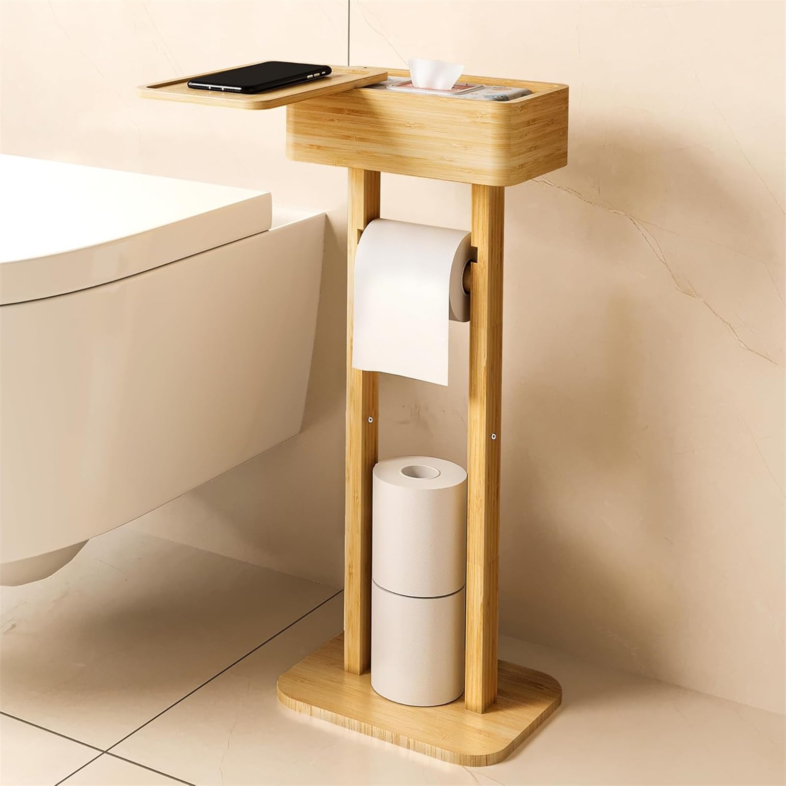 Portarrollos de papel higiénico de bambú de pie con estante, portarrollos de papel higiénico de madera independiente, soporte para rollo de papel higiénico para inodoro, soporte para rollo de papel